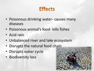 • Poisonous drinking water- causes many
diseases
• Poisonous animal’s food- kills fishes
• Acid rain
• Unbalanced river and lake ecosystem
• Disrupts the natural food chain
• Disrupts water cycle
• Biodiversity loss
 