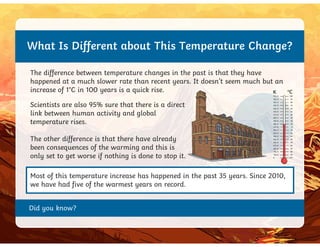 What Is Different about This Temperature Change?
The difference between temperature changes in the past is that they have
happened at a much slower rate than recent years. It doesn’t seem much but an
increase of 1°C in 100 years is a quick rise.
Scientists are also 95% sure that there is a direct
link between human activity and global
temperature rises.
Did you know?
temperature rises.
The other difference is that there have already
been consequences of the warming and this is
only set to get worse if nothing is done to stop it.
Most of this temperature increase has happened in the past 35 years. Since 2010,
we have had five of the warmest years on record.
 