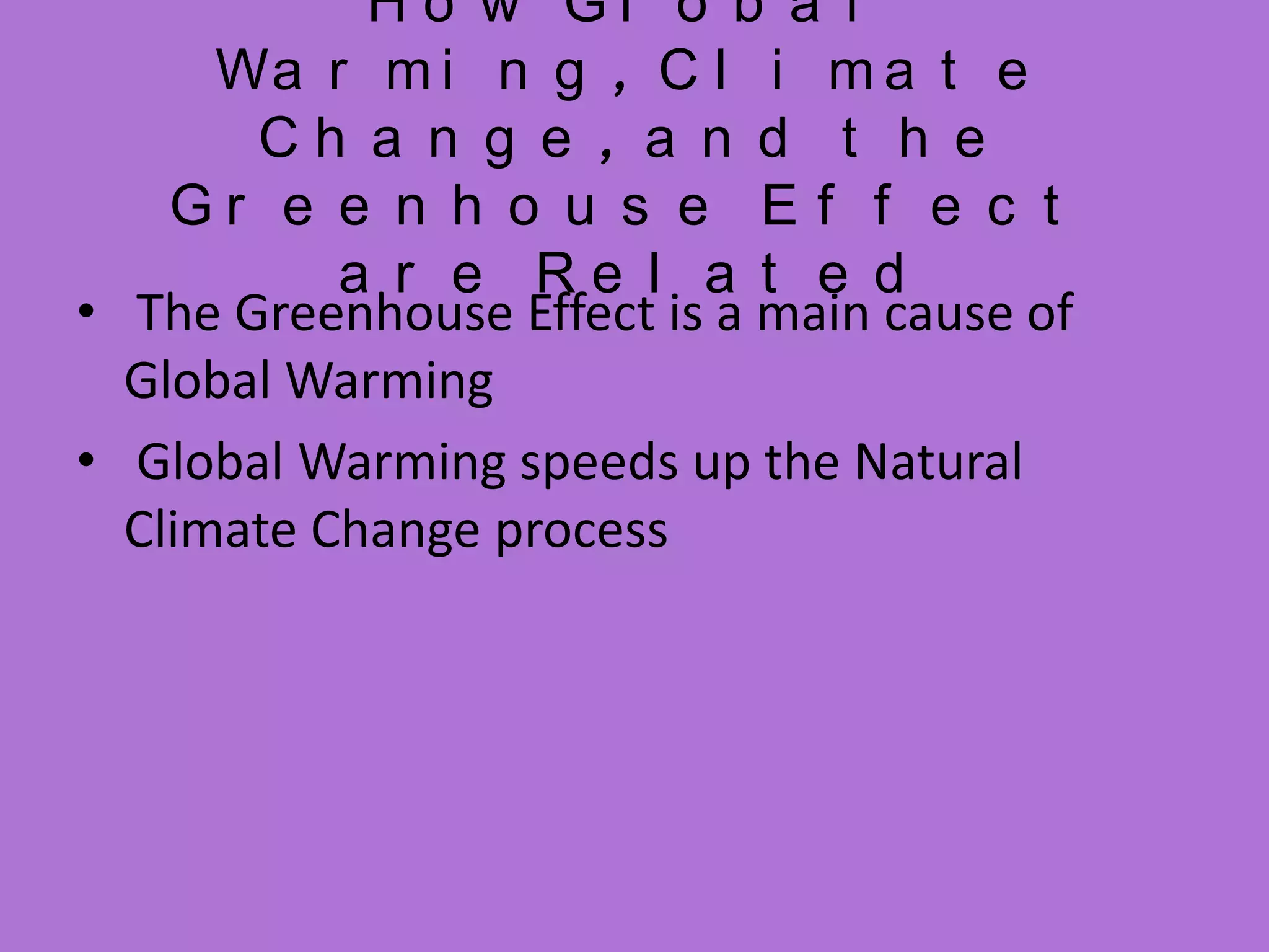 How Global Warming, Climate Change, and the Greenhouse Effect are Related The Greenhouse Effect is a main cause of Global WarmingGlobal Warming speeds up the Natural Climate Change process