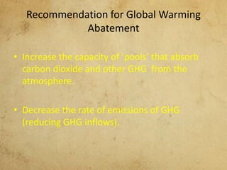 Recommendation for Global Warming
Abatement
• Increase the capacity of ‘pools’ that absorb
carbon dioxide and other GHG from the
atmosphere.
• Decrease the rate of emissions of GHG
(reducing GHG inflows).
 