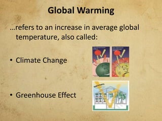 Global Warming
…refers to an increase in average global
temperature, also called:
• Climate Change
• Greenhouse Effect
 