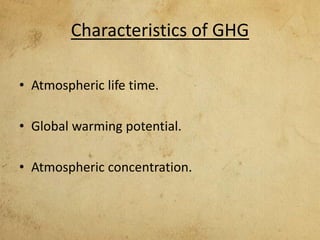 Characteristics of GHG
• Atmospheric life time.
• Global warming potential.
• Atmospheric concentration.
 