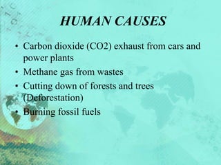 HUMAN CAUSES
• Carbon dioxide (CO2) exhaust from cars and
power plants
• Methane gas from wastes
• Cutting down of forests and trees
(Deforestation)
• Burning fossil fuels
 
