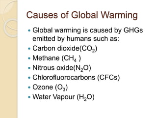 Causes of Global Warming
 Global warming is caused by GHGs
emitted by humans such as:
 Carbon dioxide(CO2)
 Methane (CH4 )
 Nitrous oxide(N2O)
 Chlorofluorocarbons (CFCs)
 Ozone (O3)
 Water Vapour (H2O)
 