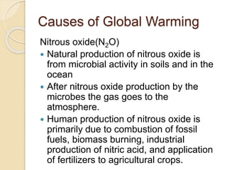 Causes of Global Warming
Nitrous oxide(N2O)
 Natural production of nitrous oxide is
from microbial activity in soils and in the
ocean
 After nitrous oxide production by the
microbes the gas goes to the
atmosphere.
 Human production of nitrous oxide is
primarily due to combustion of fossil
fuels, biomass burning, industrial
production of nitric acid, and application
of fertilizers to agricultural crops.
 