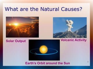 What are the Natural Causes?




Solar Output                     Volcanic Activity




                                                     3
           Earth's Orbit around the Sun
 