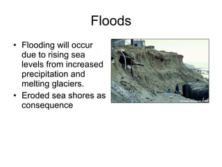 Floods Flooding will occur due to rising sea levels from increased precipitation and melting glaciers. Eroded sea shores as consequence 