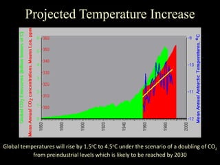 Projected Temperature Increase Global temperatures will rise by 1.5 o C to 4.5 o C under the scenario of a doubling of CO 2  from preindustrial levels which is likely to be reached by 2030 