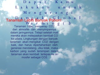 Hal-Hal yang Dapat Kamu Lakukan untuk Mengurangi Dampak Global Warming(2) Tanamlah Lebih Banyak Pohon! Tanaman  hijau  menyerap  CO2  dari  atmosfer  dan  menyimpannya  dalam jaringannya. Tetapi setelah mati  mereka akan melepaskan kembali CO  ke udara. Lingkungan dengan banyak  tanaman  akan mengikat  CO2  dengan  baik,  dan  harus  dipertahankan  oleh  generasi mendatang. Jika tidak, maka  karbon  yang  sudah  tersimpan  dalam  tanaman akan kembali  terlepas ke at- mosfer sebagai CO2. 