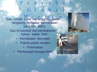 Penyebab Global Warming Gas  rumah  kaca  bertanggung jawab  langsung  terhadap  pemanasan yang kita alami.  Gas ini berasal dari pembakaran  bahan  bakar  fosil : Kendaraan  bermotor Pabrik-pabrik modern Peternakan Pembangkit tenaga listrik 