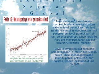 Fakta-Fakta Seputar  Global Warming(2) Mencairnya es di kutub utara  dan kutub selatan mengakibatkan naiknya level  permukaan  air  laut  (grafik  di samping menunjukkan hasil pengukuran  level  permukaan  air  laut  selama beberapa tahun terakhir). Para ahli memperkirakan apabila seluruh Greenland  mencair.  Level  permukaan laut akan naik sampai dengan  7  meter lho!  Dan itu cukup  untuk menenggelamkan  seluruh  pantai, pelabuhan, dan  dataran  rendah  di seluruh dunia. Ck Ck!! 