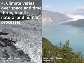 4.	
  Climate	
  varies	
  
over	
  space	
  and	
  1me	
  
through	
  both	
  
natural	
  and	
  human	
  
processes

Muir	
  glacier,	
  Alaska
August	
  1941

Muir	
  glacier,	
  Alaska
August	
  2004

 