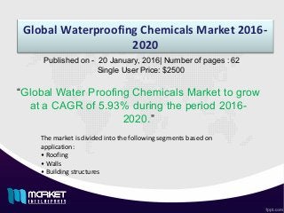Global Waterproofing Chemicals Market 2016-
2020
“Global Water Proofing Chemicals Market to grow
at a CAGR of 5.93% during the period 2016-
2020.”
Published on - 20 January, 2016| Number of pages : 62
Single User Price: $2500
The market is divided into the following segments based on
application:
• Roofing
• Walls
• Building structures
 