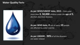 Water Quality Facts
As per WHO/UNICEF data, 2015 – Every year
more than 3, 50,000 children under the age of 5,
die from diarrheal diseases.
As per WHO data, 4 out of every 10 people
are affected by water scarcity
As per UNISDR – 90% of all the disasters
are water related
 