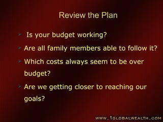 49
Review the Plan
 Is your budget working?
 Are all family members able to follow it?
 Which costs always seem to be over
budget?
 Are we getting closer to reaching our
goals?
 