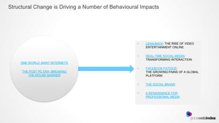 Structural Change is Driving a Number of Behavioural Impacts




                                                   •   LEAN-BACK: THE RISE OF VIDEO
                                                       ENTERTAINMENT ONLINE

                                                   •   REAL-TIME SOCIAL MEDIA:
                                                       TRANSFORMING INTERACTION
    ONE WORLD: MANY INTERNETS
                                                   •   FACEBOOK FATIGUE:
     THE POST PC ERA: BREAKING                         THE GROWING PAINS OF A GLOBAL
        THE MOUSE BARRIER                              PLATFORM

                                                   •   THE SOCIAL BRAND

                                                   •   A RENAISSANCE FOR
                                                       PROFESSIONAL MEDIA
 