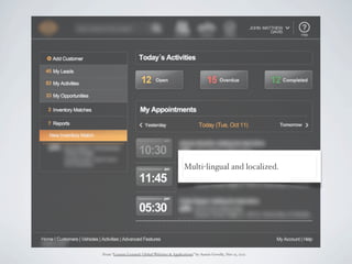 Multi-lingual and localized.




From “Lessons Learned: Global Websites & Applications” by Austin Govella, Nov 15, 2012
 
