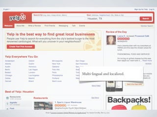 Multi-lingual and localized.




From “Lessons Learned: Global Websites & Applications” by Austin Govella, Nov 15, 2012
 