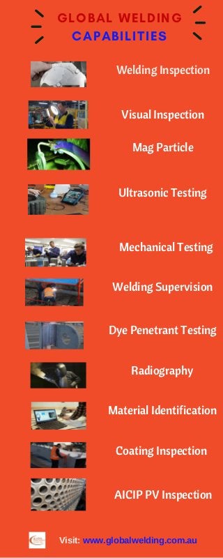 G L O B A L W E L D I N G
C A P A B I L I T I E S
Welding Inspection
Visual Inspection
Mag Particle
Ultrasonic Testing
Mechanical Testing
Welding Supervision
Dye Penetrant Testing
Radiography
Material Identification
Coating Inspection
AICIP PV Inspection
Visit: www.globalwelding.com.au
 