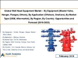 (c) AZOTH Analytics
Global Well Head Equipment Market – By Equipment (Master Valve,
Hanger, Flanges, Others), By Application (Offshore, Onshore), By Market
Type (OEM, Aftermarket), By Region, By Country: Opportunities and
Forecast (2018-2023)
• By Equipment - Choke, Flanges, Hanger, Master
Valve, Others.
• By Application – Offshore, Onshore.
• By Market Type – O.E.M , Aftermarket
• By Region- North America, Europe, Asia Pacific,
LAMEA, ROW
• By Country - U.S, Canada, Mexico, Norway, U.K,
China, India, Indonesia, Oman, and Saudi Arabia.
February 2018
 