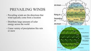 PREVAILING WINDS
• Prevailing winds are the directions that
wind typically come from a location
• Distribute large amounts of solar
energy across the world
• Cause variety of precipitation like rain
or snow
 