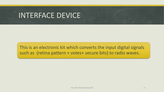 INTERFACE DEVICE


This is an electronic kit which converts the input digital signals
such as (retina pattern + votes+ secure bits) to radio waves.




                           ISE DEPT RGIT,BANGALORE               17
 