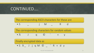 CONTINUED….

  The corresponding ASCII characters for these are
  •S        _          j         M             _         R       d

  The corresponding characters for random values
  •À        J      q           ©           ¨         «       y

  Finally encrypted data as
  •S À_ J j q M © _ ¨ R « d y
                           ISE DEPT RGIT,BANGALORE                   23
 