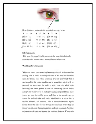 Here the matrix pattern of this type of picture may be as
R    G    B        R   G     B     R    G    B
[12 a1 15]         [11 21   54]   [25 f4 5c]
[2d 1c 5A]         [99 85 57]     [2c   fa b3]
[1b b1 a2]         [11 b1 ac]     [50 b4 5F]
[CA 1f 3c]         [11 2c d4]     [03 ca e5]


Interface device
This is an electronic kit which converts the input digital signals
such as (retina pattern votes+ secure bits) to radio waves.


Working of whole system


Whenever voters enter to voting booth then he will be instructed to
directly look at retina scanning machine at this time the machine
scans the retina. once retina scanning properly confirmed then it
sent signal to the voting machine as to accept the vote it will be
powered on .then voter is made to vote. Now the whole data
including the retina pattern is sent to interfacing device which
convert into radio waves of mobile frequency range and these radio
waves are sent to mobile tower and then to the remote server,
where the authentication and voters identification is stored into a
secured database. The received data is first converted into digital
format from the radio waves through the interface device kept at
the server side, and then retina pattern and vote separated. Next the
retina pattern is matched against the existing database .If match is
 