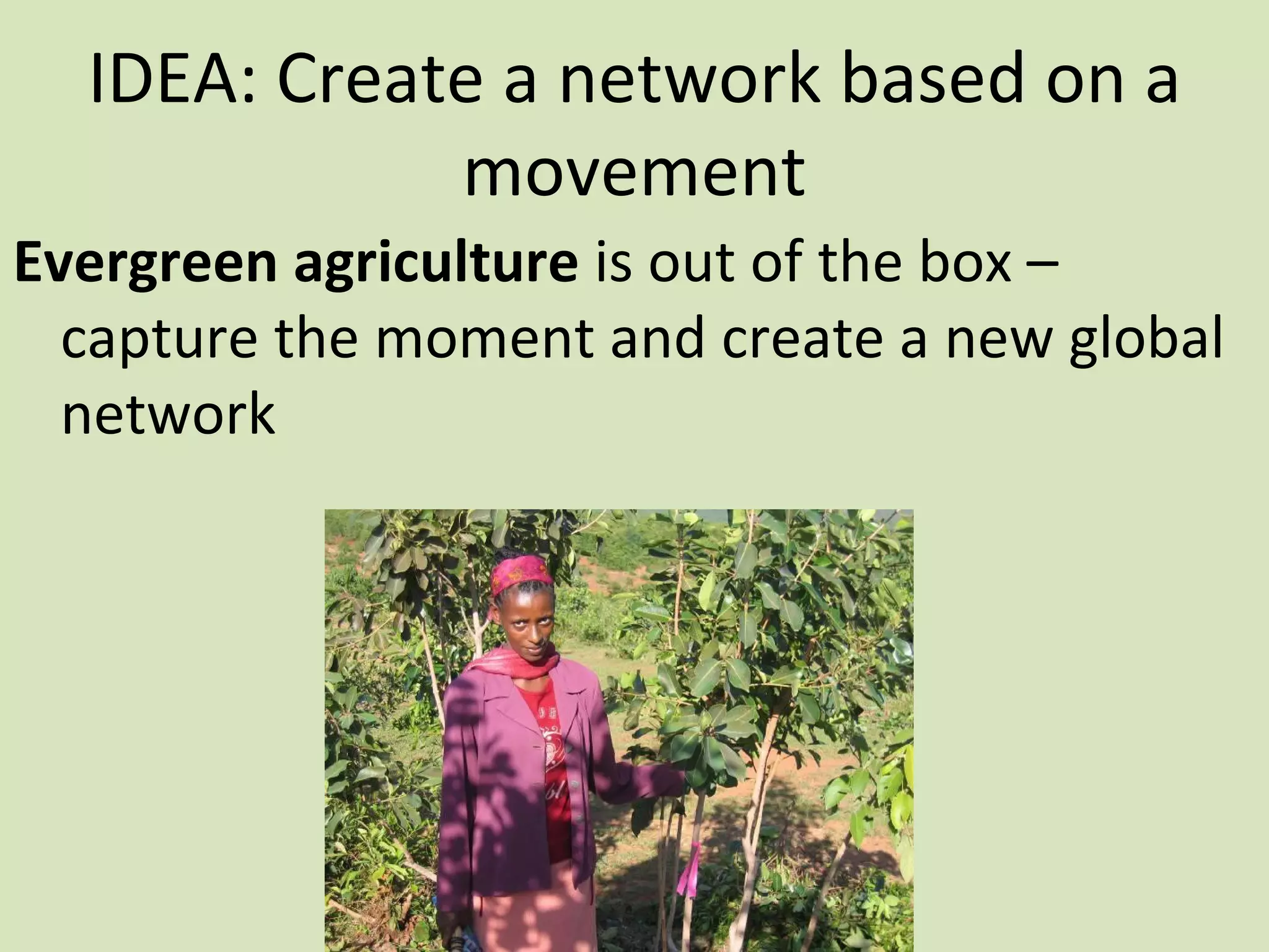 IDEA: Create a network based on a
             movement
Evergreen agriculture is out of the box –
  capture the moment and create a new global
  network
 