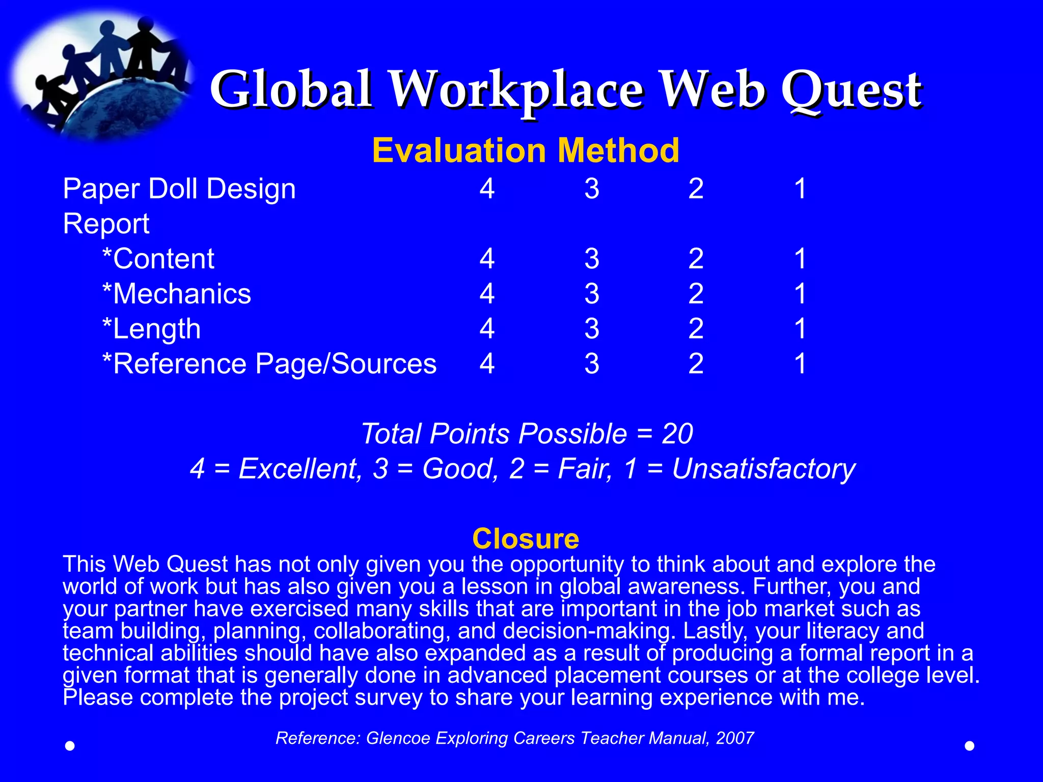 Global Workplace Web Quest
                                Evaluation Method
Paper Doll Design                            4           3            2          1
Report
  *Content                                   4           3            2          1
  *Mechanics                                 4           3            2          1
  *Length                                    4           3            2          1
  *Reference Page/Sources                    4           3            2          1

                         Total Points Possible = 20
            4 = Excellent, 3 = Good, 2 = Fair, 1 = Unsatisfactory

                                            Closure
This Web Quest has not only given you the opportunity to think about and explore the
world of work but has also given you a lesson in global awareness. Further, you and
your partner have exercised many skills that are important in the job market such as
team building, planning, collaborating, and decision-making. Lastly, your literacy and
technical abilities should have also expanded as a result of producing a formal report in a
given format that is generally done in advanced placement courses or at the college level.
Please complete the project survey to share your learning experience with me.
                     Reference: Glencoe Exploring Careers Teacher Manual, 2007
 