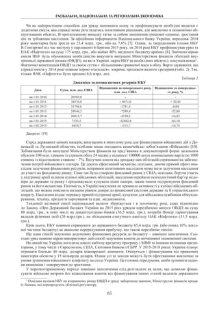 ГЛОБАЛЬНА, НАЦІОНАЛЬНА ТА РЕГІОНАЛЬНА ЕКОНОМІКА
85
Чи не найпростішим способом для уряду наповнити казну та профінансувати необхідні видатки є
додаткова емісія, яка справді може розглядатись позитивним рішенням, але виключно в економічно об-
ґрунтованих обсягах. В протилежному випадку тягне за собою знецінення грошової одиниці, зростання
цін та зубожіння населення. За офіційною інформацією Національного банку України, впродовж 2014
року монетарна база зросла на 23,4 млрд. грн., або на 7,6% [7]. Однак, за твердженням голови НБУ
В.Гонтарєвої під час виступу у парламенті 6 березня 2015 року, «в 2014 році НБУ профінансував уряд та
НАК «Нафтогаз» на суму 175 млрд. грн., або майже 40% зведеного бюджету країни» [8]. Значною мірою
емісія НБУ була обумовлена необхідністю викупити випущені Міністерством фінансів облігації вну-
трішньої державної позики (ОВДП), на які в Україні, окрім НБУ (в необхідних обсягах), покупців немає1
.
Фактично монетизація ОВДП за своєю суттю є збільшенням гривневої маси в обігу. Варто зауважити, що
справді емісія у 2014 році певною мірою «гасилася», зокрема, продажем валюти з резервів (табл. 2). Так,
тільки НАК «Нафтогаз» було продано 8,6 млрд. дол.
Таблиця 2
Динаміка золотовалютних резервів НБУ
Дата Сума, млн. дол. США
Відношення до попереднього року,
млн. дол. США
Відношення до попередньо-
го року, %
на 1.01.2010 26505,0 - -
на 1.01.2011 34576,0 + 8071,0 + 30,45
на 1.01.2012 31794,6 -2781,4 -8,04
на 1.01.2013 24546,2 -7248,4 -22,80
на 1.01.2014 20415,7 -4130,5 -16,83
на 1.01.2015 7533,3 -12882,4 -63,10
на 1.02.2015 6419,7 -1113,7 -14,78
Джерело: [19]
Серед державних цінних паперів, випущених в минулому році для фінансування військових дій у До-
нецькій та Луганській областях, особливе місце посідають казначейські зобов’язання «Військові» [10].
Зобовязання були випущені Міністерством фінансів на пред’явника в документарній формі загальним
обсягом 100 млн. гривень із строком обігу 24 місяці у кількості 100000 штук номінальною вартістю 1000
гривень із відсотковою ставкою – 7%. Вилучені кошти від продажу цих облігацій спрямовані на забезпе-
чення потреб військового сектора. Це досить ефективний механізм, оскільки, даючи прямий ефект вна-
слідок залучення фінансових ресурсів, непрямим позитивним наслідком може мати залучення населення
до участі на фондовому ринку. Саме так було створено фондовий ринок у США, оскільки, беручи участь
у підтримці армії шляхом купівлі військових облігацій, населення перейшло психологічний бар’єр недо-
віри до держави та ринку і продовжувало купувати цінні папери, таким чином підтримуючи фондовий
ринок та його механізми. Натомість, в Україні населення не проявило активності у купівлі військових об-
лігацій, що можна пояснити низьким рівнем довіри до фінансової системи держави та її управлінського
апарату. Населення віддає перевагу прямій підтримці армії, купуючи для військовослужбовців обмунди-
рування, техніку, продукти харчування та одяг, медикаменти.
Тенденції активної емісії національної валюти збережуться і в поточному році, адже відповідно
до Закону «Про Державний бюджет України на 2015 рік» урядом передбачено випуск ОВДП на суму
88 млрд. грн., в тому числі на докапіталізацію банків (36,5 млрд. грн.), потреби Фонду гарантування
вкладів фізичних осіб (20 млрд.грн.), на збільшення статутного капіталу НАК «Нафтогаз» (31,5 млрд.
грн.).
Крім цього, НБУ повинен спрямувати до державного бюджету 65,4 млрд. грн. (або понад 10% дохід-
ної частини бюджету) як авансове перерахування прибутку, що також передбачає емісію.
Ще один спосіб залучення додаткових фінансових ресурсів до бюджету – зовнішні запозичення. Сьо-
годні уряд повною мірою використовує цей спосіб залучення коштів до вітчизняної економічної системи.­
На даний час Україна погодила доволі амбітну кредитну програму з МВФ та іншими великими креди-
торами, у тому числі з Євросоюзом, США, Світовим банком і ЄБРР. У 2015-2018 роках Україна планує
отримати близько 40 млрд. доларів міжнародної допомоги. Очікується і фінансування від приватних
інвесторів обсягом у 15 мільярдів доларів. Однак усі ці заходи можуть бути ефективними виключно за
умови зупинення військового конфлікту на сході України. Це головна передумова, щоби зупинити падін-
ня економіки і повернутися до зростання.
У короткотерміновому періоді зовнішні запозичення слід розглядати як шлях, що дозволяє фінан-
сувати військові витрати без відволікання коштів від фінансування інших статей видатків державного
1
Оскільки купівля НБУ на вторинному ринку ОВДП в уряду заборонена законом, Міністерство фінансів продає
їх банкам, які перепродують облігації регулятору.
 