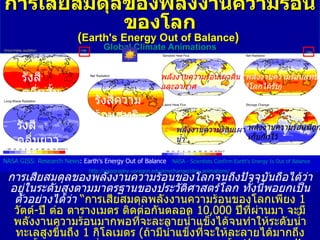 การเสียสมดุลของพลังงานความร้อนของโลก ( Earth's Energy Out of Balance )  Global  Climate Animations การเสียสมดุลของพลังงานความร้อนของโลกจนถึงปัจจุบันถือได้ว่าอยู่ในระดับสูงตามมาตรฐานของประวัติศาสตร์โลก ทั้งนี้พอยกเป็นตัวอย่างได้ว่า   “ การเสียสมดุลพลังงานความร้อนของโลกเพียง  1   วัตต์ - ปี ต่อ ตารางเมตร ติดต่อกันตลอด  10,000   ปีที่ผ่านมา จะมีพลังงานความร้อนมากพอที่จะละลายน้ำแข็งได้จนทำให้ระดับน้ำทะเลสูงขึ้นถึง  1   กิโลเมตร  ( ถ้ามีน้ำแข็งที่จะให้ละลายได้มากถึงขนาดนั้น )  หรือ จะเพิ่มอุณหภูมิของมหาสมุทร์ในชั้น   thermocline   [ the boundary layer between the warm surface waters and the deep ocean ]   ได้มากกว่า  100°C” . รังสีคลื่นสั้น รังสีคลื่นยาว รังสีความร้อนสุทธิ พลังงานความร้อนเผาดินและอากาศ ( พลังงานความร้อนสุทธิที่โลกได้รับ ) พลังงานความร้อนเผาน้ำ พลังงานความร้อนที่ถูกเก็บกักไว้ NASA GISS :  Research News : Earth's Energy Out of Balance   NASA  -  Scientists Confirm  Earth's Energy  Is  Out of Balance http :// geography . uoregon . edu / envchange / clim_animations / 