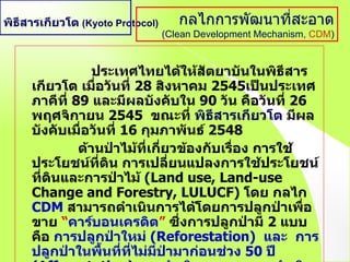   ประเทศไทยได้ให้สัตยาบันในพิธีสารเกียวโต เมื่อวันที่  28  สิงหาคม  2545 เป็นประเทศภาคีที่  89  และมีผลบังคับใน  90  วัน คือวันที่  26  พฤศจิกายน  2545  ขณะที่   พิธีสารเกียวโต   มีผลบังคับเมื่อวันที่  16  กุมภาพันธ์  2548 ด้านป่าไม้ที่เกี่ยวข้องกับเรื่อง การใช้ประโยชน์ที่ดิน การเปลี่ยนแปลงการใช้ประโยชน์ที่ดินและการป่าไม้  (Land use, Land-use Change and Forestry, LULUCF)  โดย กลไก  CDM   สามารถดำเนินการได้โดยการปลูกป่าเพื่อขาย  “ คาร์บอนเครดิต ”  ซึ่งการปลูกป่ามี  2  แบบ คือ  การปลูกป่าใหม่  (Reforestation)  และ  การปลูกป่าในพื้นที่ที่ไม่มีป่ามาก่อนช่วง  50  ปี  (Afforestation)  การดำเนินการสามารถดำเนินการเป็นโครงการขนาดใหญ่ หรือ การปลูกป่าตามโครงการขนาดเล็ก ไม่เกิน  8,000  ตันคาร์บอนไดออกไซด์ต่อปี ก็ได้ พิธีสารเกียวโต   (Kyoto Protocol) กลไกการพัฒนาที่สะอาด (Clean Development Mechanism,   CDM ) 