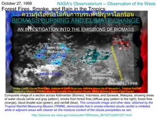 October 27, 1999 Forest Fires, Smoke, and Rain in the Tropics Composite image of a section across Kalimantan  ( Borneo ) , Indonesia, and Sarawak, Malaysia, showing areas of water clouds  ( white and gray pattern ) , smoke from forest fires  ( diffuse gray pattern to the right ) , forest fires  ( orange ) , cloud droplet size  ( green ) , and rainfall  ( blue ).  This composite image and other data, obtained by the Tropical Rainfall Measuring Mission  ( TRMM ) , demonstrate that in smoke - infected clouds rainfall is inhibited, while in adjacent areas with cleaner air the moisture content of the clouds precipitates as rain . water clouds smoke from forest fires forest fires cloud droplet size rainfall NASA's Observatorium  --  Observation of the Week http :// observe . arc . nasa . gov / nasa / ootw / 1999 / ootw_991027 / ob991027 . html Image Credit :  Daniel Rosenfeld, Institute of Earth Sciences, Hebrew University of Jerusalem; Tropical Rainfall Measuring Mission  ( TRMM ) ; and the Scientific Visualization Studio, NASA Goddard Space Flight Center . BIOMASS BURNING AND CLIMATE CHANGE AN INVESTIGATION INTO THE EMISSIONS OF BIOMASS ความรู้เรื่องป่าไม้กับการบรรเทาปัญหาโลกร้อน 