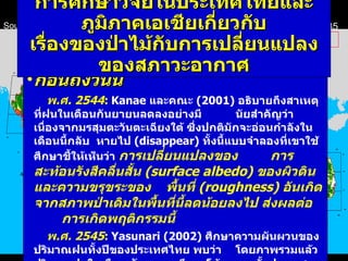 ก่อนถึงวันนี้   พ . ศ .  2544 :   Kanae  และคณะ  (2001)  อธิบายถึงสาเหตุที่ฝนในเดือนกันยายนลดลงอย่างมี นัยสำคัญว่า เนื่องจากมรสุมตะวันตะเฉียงใต้ ซึ่งปกติมักจะอ่อนกำลังในเดือนนี้กลับ หายไป  (disappear)  ทั้งนี้แบบจำลองที่เขาใช้ศึกษาชี้ให้เห็นว่า   การเปลี่ยนแปลงของ การสะท้อนรังสีคลื่นสั้น  (surface albedo)  ของผิวดินและความขรุขระของ พื้นที่  (roughness)  อันเกิดจากสภาพป่าเดิมในพื้นที่นี้ลดน้อยลงไป ส่งผลต่อ การเกิดพฤติกรรมนี้   พ . ศ .  2545 :   Yasunari (2002)  ศึกษาความผันผวนของปริมาณฝนทั้งปีของประเทศไทย พบว่า  โดยภาพรวมแล้ว ปริมาณฝนในเดือน  กันยายน  มีแนวโน้มลดลงทั้งประเทศอย่างชัดเจน นับตั้งแต่ปี ค . ศ .1950  เป็นต้นมา แต่ไม่ส่งผลต่อปริมาณฝนในเดือนกรกฎาคม - สิงหาคม  อันเป็นช่วงที่ลมมรสุมตะวันตกเฉียงใต้ยังพัดแรงอยู่ การศึกษาวิจัยในประเทศไทยและภูมิภาคเอเชีย เกี่ยวกับ เรื่องของ ป่า ไม้กับการเปลี่ยนแปลงของสภาวะอากาศ Southeast Asia Forest Cover  -  1973 Southeast Asia Forest Cover  -  1985 Modified from:   David L. Skole  William A. Salas  Chaowalit Silapathong   http :// www . trfic . msu . edu / overview / papers / interannual . html 5.25 Mha Forest areas in continental Southeast Asia resulted from satellite data analysis Mha=Million hectares 22.56 Mha 48.71 Mha 18.28 Mha 19.92 Mha 3.98 Mha 16.74 Mha 44.82 Mha 16.15 Mha 16.52 Mha 114.70 Mha 98.21 Mha ก่อนถึงวันนี้ 