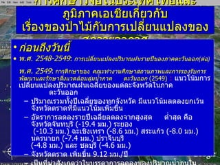 การศึกษาวิจัยในประเทศไทยและภูมิภาคเอเชีย เกี่ยวกับ เรื่องของ ป่า ไม้กับการเปลี่ยนแปลงของสภาวะอากาศ ก่อนถึงวันนี้ พ . ศ .  2548-2549 :   การเปลี่ยนแปลงปริมาณฝนรายปีของภาคตะวันออก ( ต่อ )   พ . ศ .  2549 :   การศึกษาของ   คณะทำงานศึกษาสถานภาพและการรองรับการพัฒนาและรักษาสิ่งแวดล้อมลุ่มน้ำภาค ตะวันออก   ( 2549)  :  แนวโน้มการเปลี่ยนแปลงปริมาณฝนเฉลี่ยของแต่ละจังหวัดในภาค     ตะวันออก ปริมาณรวมทั้งปีเฉลี่ยของทุกจังหวัด มีแนวโน้มลดลงยกเว้นจังหวัดตราดที่มีแนวโน้มเพิ่มขึ้น อัตราการลดลงรายปีเฉลี่ยลดลงจากสูงสุด    ต่ำสุด คือจังหวัดจันทบุรี  ( -19.4  มม .)  ระยอง   ( -10.3  มม .)  ฉะเชิงเทรา  ( -8.6  มม .)  สระแก้ว  ( -8.0  มม .)  นครนายก  ( -7.4  มม .)  ปราจีนบุรี  ( -4.8  มม .)  และ ชลบุรี  ( -4.6  มม .)  จังหวัดตราด เพิ่มขึ้น  9.12  มม ./ ปี เป็นที่น่าสังเกตว่าในบรรดาการลดลงของปริมาณน้ำฦนในเดือนต่างๆ นั้น อัตราการลดลงมากที่สุด เกิดขึ้นในเดือน  “ กันยายน หรือ ตุลาคม ”  แม้แต่ในจังหวัดตราด ซึ่งมีฝนทั้งปีเพิ่มขึ้น ก็มีฝนตกลดลงใน  2   เดือนดังกล่าว 