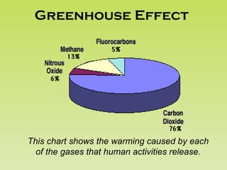 Greenhouse Effect
This chart shows the warming caused by each
of the gases that human activities release.
 