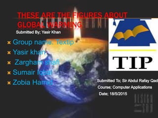 THESE ARE THE FIGURES ABOUT
GLOBAL WARMING
 Group name: Textip
 Yasir khan
 Zargham shafi
 Sumair Iqbal
 Zobia Hamid
 