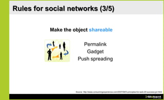 Rules for social networks (3/5)

           Make the object shareable

                         Permalink
                          Gadget
                       Push spreading




                     Source: http://www.consumingexperience.com/2007/06/5-principles-for-web-20-success-jyri.html
 
