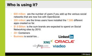 Who is using it?

 • 600 million: are the number of users if you add up the various social
   networks that are now live with OpenSocial.
 • 350 million: are the times users have installed the 7,500 different
   apps created so far.
 • $1.8 Billion: is the sum brands are expected to spend on Social
   Networking sites by 2010.
 • 20+ Containers
 • Business is social too…
 