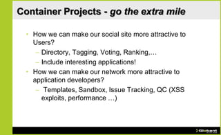 Container Projects - go the extra mile

  • How we can make our social site more attractive to
    Users?
     – Directory, Tagging, Voting, Ranking,…
     – Include interesting applications!
  • How we can make our network more attractive to
    application developers?
     – Templates, Sandbox, Issue Tracking, QC (XSS
       exploits, performance …)
 