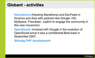 Globant - activities

  • Hackathons (Hacking Marathons) and DevFests in
    America and Asia with partners like Google, Hi5,
    MySpace, Friendster, JoyEnt to engage the community in
    this new movement.
  • OpenSocial: involved with Google in the evolution of
    OpenSocial since it was a confidential Beta back in
    September 2007.
  • Shindig PHP development
 