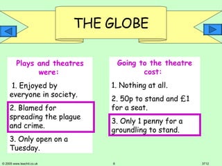 Plays and theatres   were:   1. Enjoyed by everyone in society. 2. Blamed for spreading the plague and crime. 3. Only open on a Tuesday. Going to the theatre cost:  1. Nothing at all. 2. 50p to stand and £1 for a seat. 3. Only 1 penny for a groundling to stand. 
