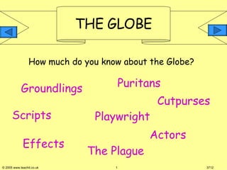 How much do you know about the Globe?  Scripts Playwright Effects Puritans Actors Groundlings The Plague  Cutpurses  