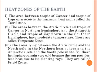HEAT ZONES OF THE EARTH
i) The area between tropic of Cancer and tropic of
Capricorn receives the maximum heat and is called the
Torrid zone.
(ii) The areas between the Arctic circle and tropic of
Cancer in Northern hemisphere and the Antarctic
Circle and tropic of Capricorn in the Southern
Hemisphere, have moderate temperature. These are
called Temperate Zones.
(iii) The areas lying between the Arctic circle and the
North pole in the Northern hemisphere and the
Antarctic circle and the South pole in the Southern
hemisphere remain very cold because the sun provides
less heat due to its slanting rays. They are called
Frigid Zones.
 