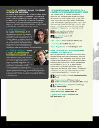 SPARK TALKS: Biomimicry  Cradle-to-Cradle
as Engines of Innovation

The Sharing Economy: Capitalizing on a
Powerful New Sustainable Business Model

As in nature, with “biomimicry” and “cradle-to-cradle” design
concepts there is no such thing as waste. Using the same
nutrient cycle principles found in nature, the right materials
are always in the right place at the right time. This session
explores how these sustainable design concepts can be
applied as engines for innovation to address complex issues
and challenges across all industries and sectors.

The “collaborative” or “sharing” economy is a
disruptive new business model where information
technology and social media is used to sell, share,
trade, rent, or borrow unused assets. Collectively,
these activities earn extra income, save money, and
use resources more efficiently. Learn from the early
pioneers in the sharing economy on how you can
capitalize on this powerful new business model.

Dayna Baumeister,
Co-Founder, Biomimicry

3.8, USA

Dayna Baumeister’s fascination with the natural
world began with daily forays into the woods and
mountains of Colorado, and eventually led to a BS
in marine biology, an MS in resource conservation,
and a PhD in organismic biology and ecology.
She has helped more than 100 companies consult
the natural world for sustainable design solutions,
including Nike, Interface, General Mills, Boeing,
Herman-Miller, Kohler, Seventh Generation, and Procter  Gamble.

Michael Braungart, Chemist

 Founder, EPEA

Internationale
Umweltforschung GmbH, Germany

Michael Braungart is a highly sought after expert
on eco-effective products and production processes,
and is co-founder of the Cradle-to-Cradle
concept for sustainable product design. With a
background in chemistry and process engineering,
he worked for Greenpeace before founding
EPEA Internationale Umweltforschung GmbH,
an international environmental research and consulting institute which
embraces intelligent, aesthetic, and eco-effective design. He is the recipient
of dozens of awards, and author of “The Hannover Principles: Design for
Sustainability”, which served as development guidelines for the World’s Fair
in Hannover in 2000.

David Van Seters, President,
Sustainability Ventures, Canada

Jen O’Neal, Founder  CEO,
Tripping, USA

John Atcheson, Advisor, Social Good Network, USA
Lisa Gansky, Founder, Mesh Labs, USA *
Danae Ringelmann, Co-founder, Indiegogo, USA *

From the Inside Out: Transformational
Company Best Practices
How can we mobilize a global transformation of the
business world? What are the leadership attributes
necessary to make businesses more effective while
accelerating sustainability? By fostering a culture of
innovation and collaboration, setting bold agendas,
and establishing “buy-in” at all levels, leading
companies are forging a breakthrough path to
shareholder and societal value creation. This session
will explore how and why businesses are pursuing
transformational goals from the inside out.

Coro Strandberg, Principal, Strandberg Consulting,
Canada

Andrea Goertz, SVP, Strategic Initiatives,

Chief Communications  Sustainability Officer, Telus, Canada

Ana Dominguez, President  General Manager,

SC Johnson Canada

John D. Coyne, Vice President, Legal  External
Affairs  General Counsel, Unilever Canada Inc.
Charlene Wall-Warren, Sustainability Lead,

BASF North America, USA*

07  |  GLOBE 2014: MARCH 26-28, 2014

*Invited

 