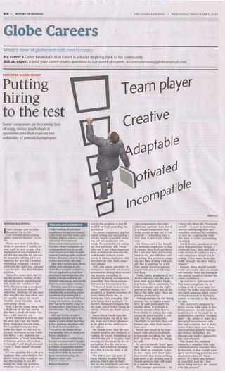 Globe And Mail    Answering The Hiring Question With Psychological Testing   Nov 2011