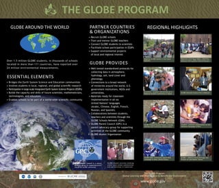 THE GLOBE PROGRAM
    GLOBE Around the world                                                                PartneR countries                                             REGIONAL HIGHLIGHTS
                                                                                          & organizations
                                                                                         • Recruit GLOBE schools
                                                                                         • Train and mentor GLOBE teachers
                                                                                         • Connect GLOBE students to scientists
                                                                                         • Facilitate school participation in ESSPs
                                                                                         • Support environmental projects
                                                                                           of local and regional interest
                                                                                                                                                    Regional GLOBE Games in the Czech           Re g i o n a l Tr a i n i n g in Niger - teachers,
                                                                                                                                                                                                ad m i n i st ra t ors, WMO, Peace Corps, U.S.
Over 1.5 million GLOBE students, in thousands of schools
                                                                                          GLOBE PROVIDES
                                                                                                                                                    Republic                                    Embassy and r e gi o nal sci e nce ce nte r s

located in more than 111 countries, have reported over
24 million environmental measurements.                                                   • Well-tested standardized protocols for
                                                                                           collecting data in atmosphere,

ESSENTIAL ELEMENTS                                                                         hydrology, soil, land cover and
                                                                                           phenology.
• Bridges the Earth System Science and Education communities                             • Connections to a broad network
• Involves students in local, regional, and global scientific research                     of ministries around the world, U.S.
• Participation in large-scale integrated Earth System Science Projects (ESSPs)            government institutions, NGOs and
                                                                                                                                                    Scientist - student interaction at a
• Builds the capacity and skills of future scientists, mathematicians,                     universities.                                            Regional Student Conference in Qatar
                                                                                                                                                                                                GLOBE National Science Fair in Bahrain

  technologists, and educators                                                           • Materials ready for classroom
• Enables schools to be part of a world-wide scientific community                          implementation in all six
                                                                                           United Nations’ languages
                                                                                           (Arabic, Chinese, English, French,
                                                                                           Russian, and Spanish).
                                                                                         • Collaborations between students,
                                                                                           teachers and scientists through the
                                                                                           GLOBE Schools Network (GSN).
                                                                                         • GLOBE Parent Council (GPC) is a                          GLOBE Thailand Tsunami Project: A locally   Student - scientist collaboration on Soil
                                                                                                                                                    relevant and community-based project        Moisture Campaign in Peru
                                                                                           parent advocacy group for supporting
                                                                                           activities of the GLOBE community.
                                                                                        • GLOBE Alumni Organization




                                                                                                                                                    GLOBE ONE: Community-based field            GLOBE / UNESCO World Heritage Site
                                                                                                                                                    campaign in Iowa, United States             Project at Lake Baikal, Russia

                                                                      GLOBE Parent Council is a parent        GLOBE Alumni actively working
                                                                      advocacy group for supporting activi-   within local school communities
                                                                      ties of the GLOBE community.            and partnerships in Cameroon



                                                                                                                                                    The GLOBE Program
                                                                                                                                Global Learning and Observations to Benefit the Environment

                                                                                                                                                www.globe.gov
 