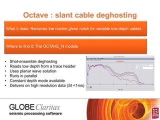 Octave : slant cable deghosting
What it does: Removes the marine ghost notch for variable tow-depth cables
Where to find it: The OCTAVE_N module
• Shot-ensemble deghosting
• Reads tow depth from a trace header
• Uses planar wave solution
• Runs in parallel
• Constant depth mode available
• Delivers on high resolution data (SI <1ms)
 