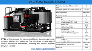 4 m³/hour Modified Bitumen Production Unit
UVB-2 unit is designed for bitumen modification by adding polymers,
adhesion additives and plasticizers. The unit allows for application of
various modification formulations, operating with various modifiers
(polymer, wax etc)
www.modified.globecore.com
Production capacity, m3/hour (not less
than)
4
Amount of polymer per 1 m3 of bitumen, kg 10-100
Mode of operation Cyclic/batc
h
Number of reactors 2
Power, kW
● Mill 45
● bitumen to mill supply pump 5.5
● bitumen input/output pump 11.0
● agitator drive 2x5.5
● heater power (total) 4x27
● heating supply pump 3
● control system 0.8
● plasticizer supply pump 3
● adhesion additive supply pump 0.25
● total 190
Power supply
● Voltage, B 380
● AC frequency, Hz 50
Dimensions without components removed
for transportation (L/W/H), mm
5200/3200/
2400
Weight, kg 5600
 